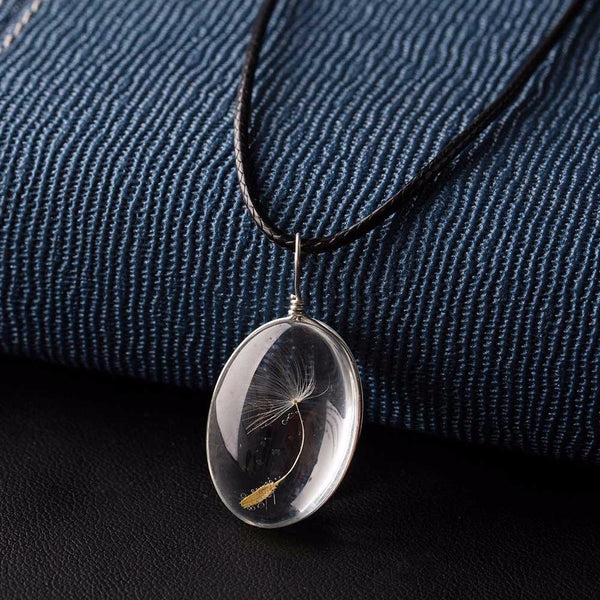 Oval Glass Encased Real Dandelion Necklace